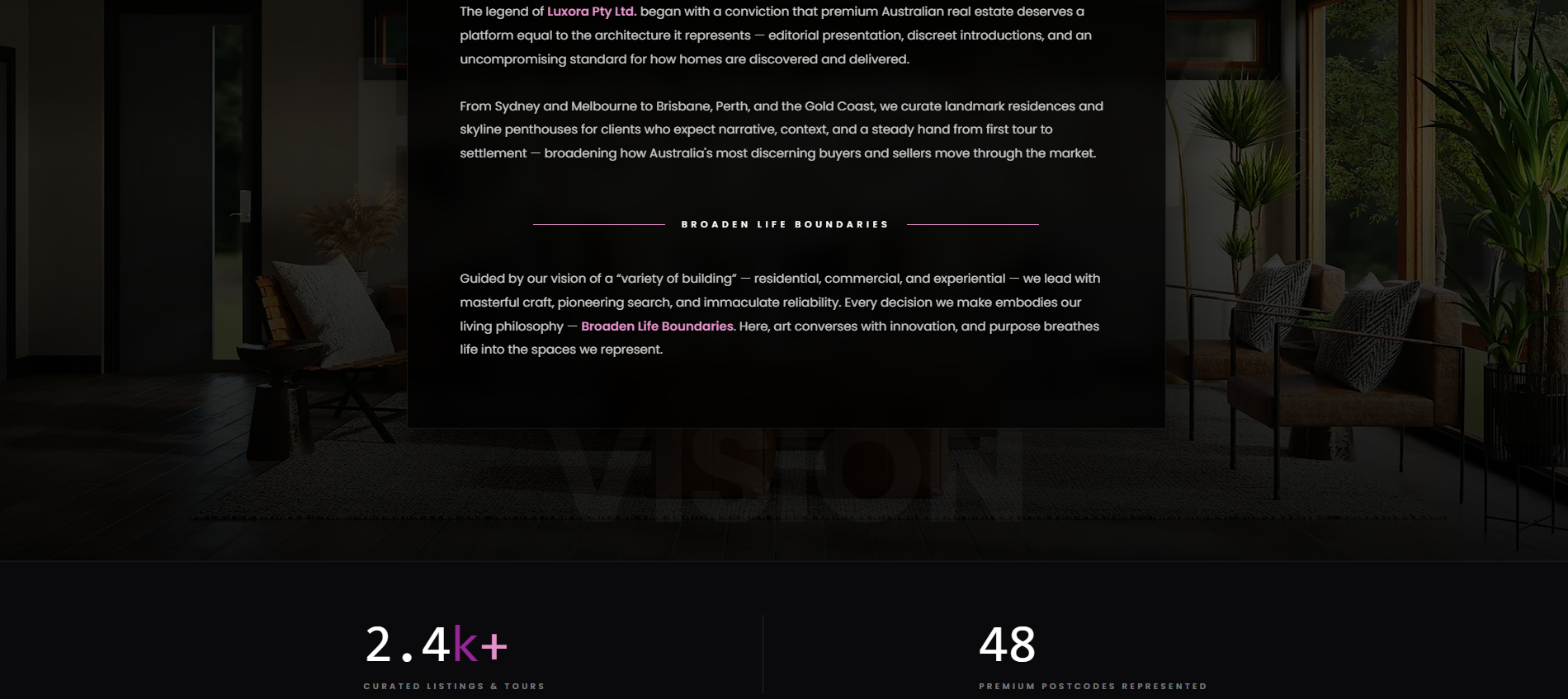 Testimonials, hotline, and footer — client quotes with location context, contact strip, and structured links to explore listings or reach an advisor.