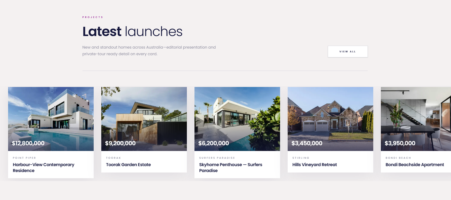 Interactive property spotlight — exploration cues (drag / swipe) and carousel context.